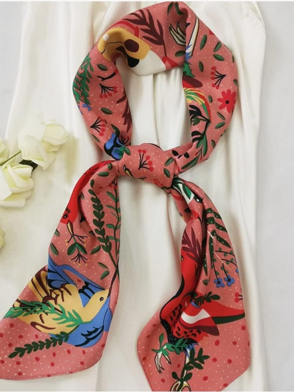 Vibrant Coral Bird & Botanical Print scarf Wrap handkerchief top accessory - Picture 2 of 8